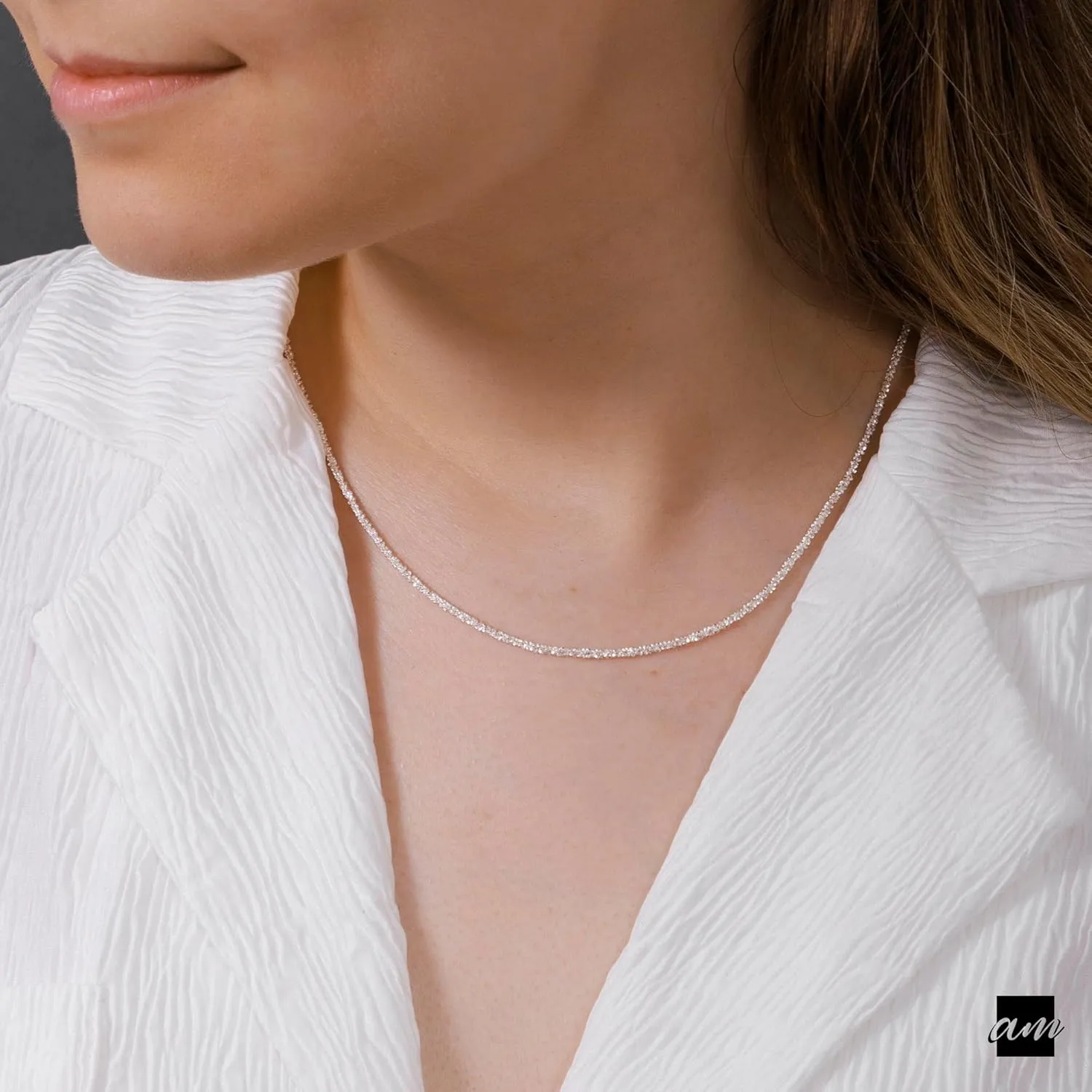 Amberta Italian 925 Sterling Silver Diamond Chain for Women - 1.7 mm Snow/Rock Silver Chain Necklace