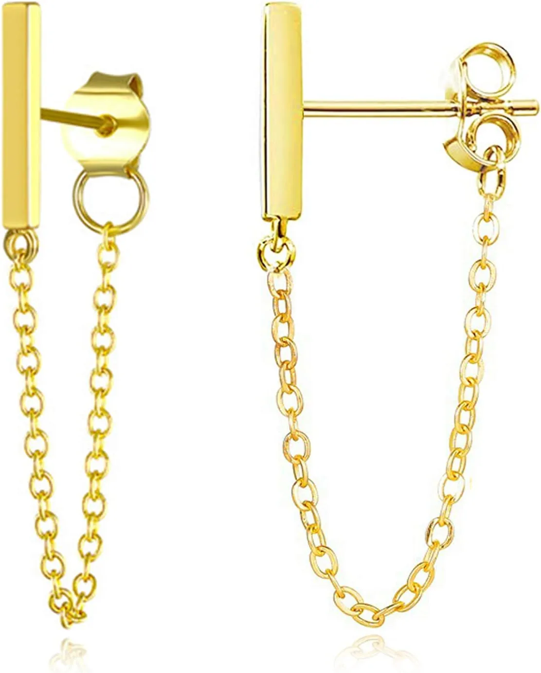 ANDPAI Chic Charm Minimalist 14k Silver Gold Chain Dangle Drop Earrings Punk Small Cute Staple Bar Stud Earrings with Chain for Women Men Statement Jewelry Gifts