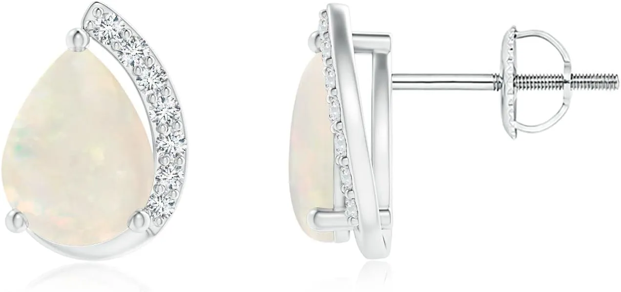 ANGARA Natural Solitaire Pear Opal Swirl Stud Earrings with Diamond Accents in Silver / 14K Solid Gold/Platinum | October Birthstone, Birthday, Engagement, Anniversary Jewelry Gift for Women