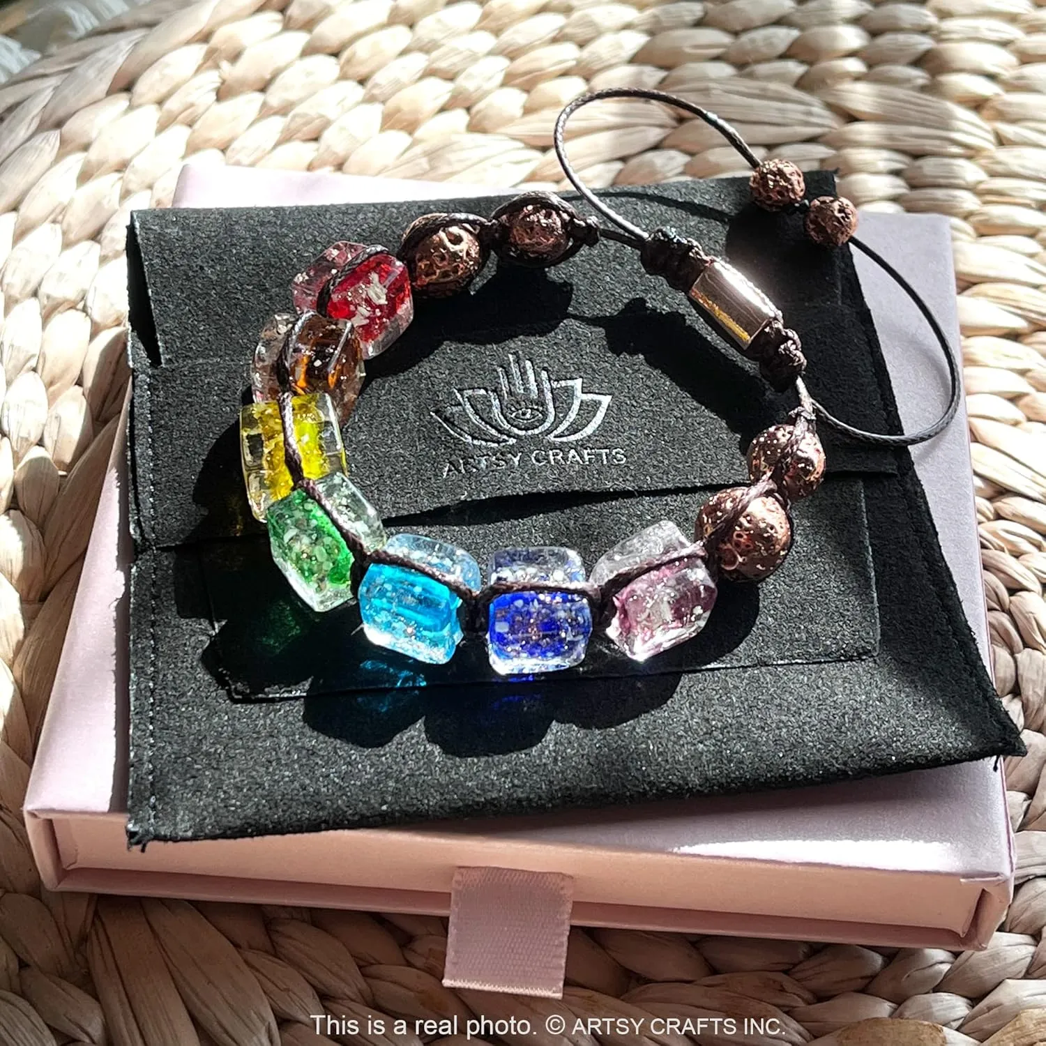 ARTSY Crafts Glow in The Dark Firefly Beads Bracelets, 7 Chakras Crystal Mermaid Glass Beaded Bracelets for Anti Anxeity Healing Energy Money Wealth Abundance Stackable Bangle Wristband