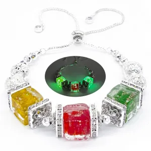 ARTSY Crafts Glow in The Dark Firefly Beads Bracelets, Cube Maruno Glass Beads Crystal Birthstone Bracelets for Womens, Adjustable Silver Link Chain Bracelet (Wrist 6-7", Red Green Gold)