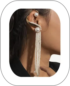 Asphire Vintage Pearl Long Fringe Tassel Earrings Piercing Pearl Ear Cuff Gold S-shaped Cartilage Stud Earrings Prom Party Festival Statement Jewelry for Women