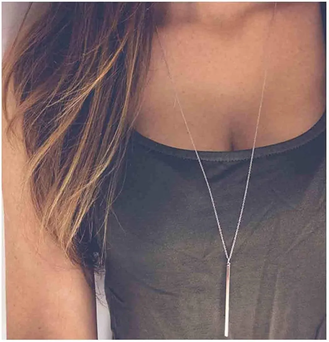 Bar Pendant Necklace Gold Long Y-Necklace Delicate Lariat Chain Jewelry for Women
