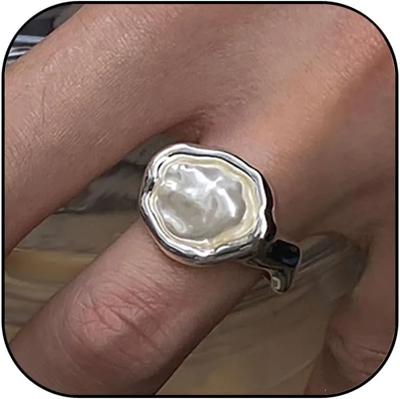 Baroque Pearl Ring for Women Gold Pearl Statement Ring Adjustable Open Pearl Finger Ring Chunky Irregular Pearl Rings Fashion Wedding Jewelry for Women
