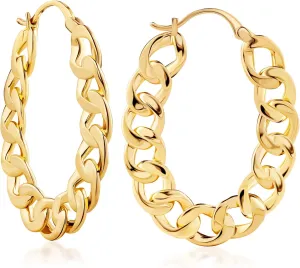 Barzel 18K Gold Plated Link Chain Hoop Earrings for Women - Made in Brazil