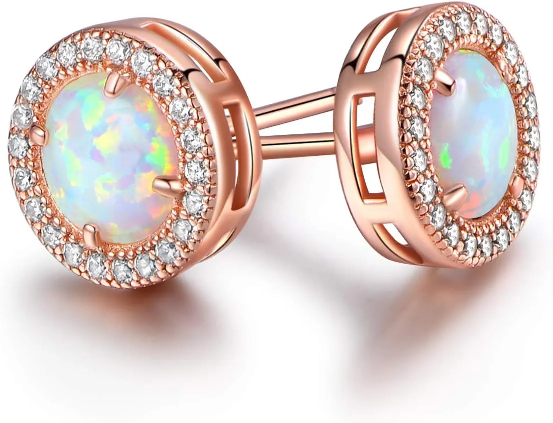 Barzel 18K Rose Gold Plated or White Gold Plated Created Opal Halo Stud