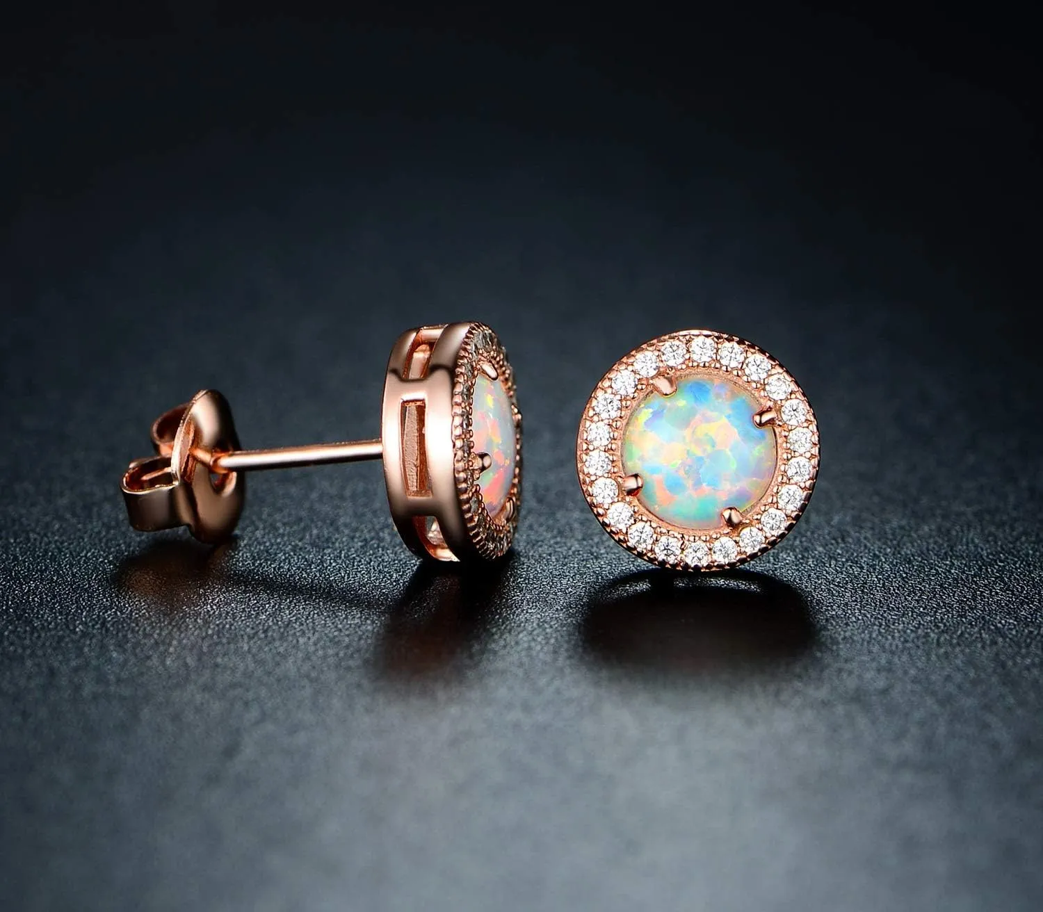Barzel 18K Rose Gold Plated or White Gold Plated Created Opal Halo Stud