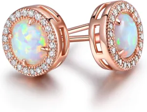 Barzel 18K Rose Gold Plated or White Gold Plated Created Opal Halo Stud