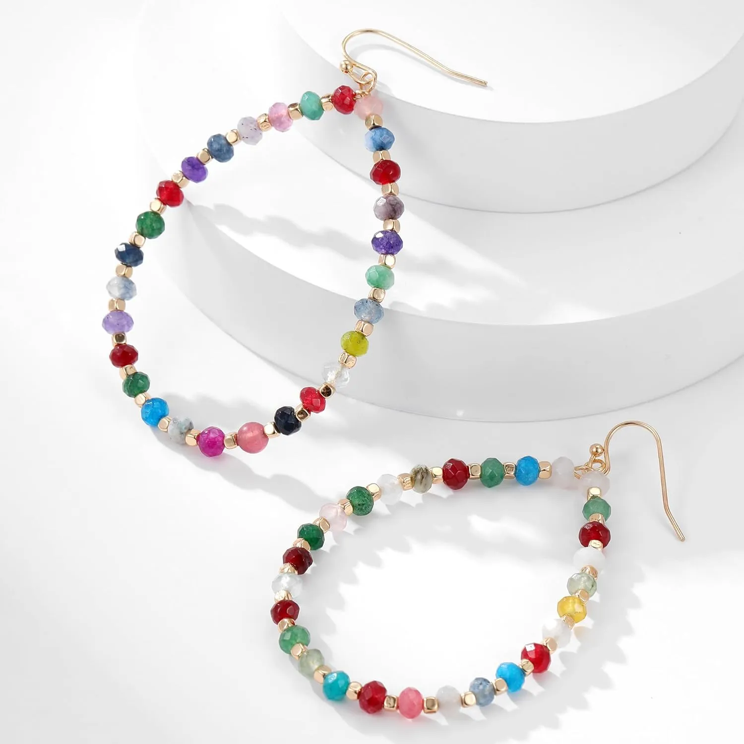 Beaded Hoop Dangle Earrings for Women Bohemian Multi Color Stone Beaded Earrings Colorful Handmade Round Boho Drop Earrings