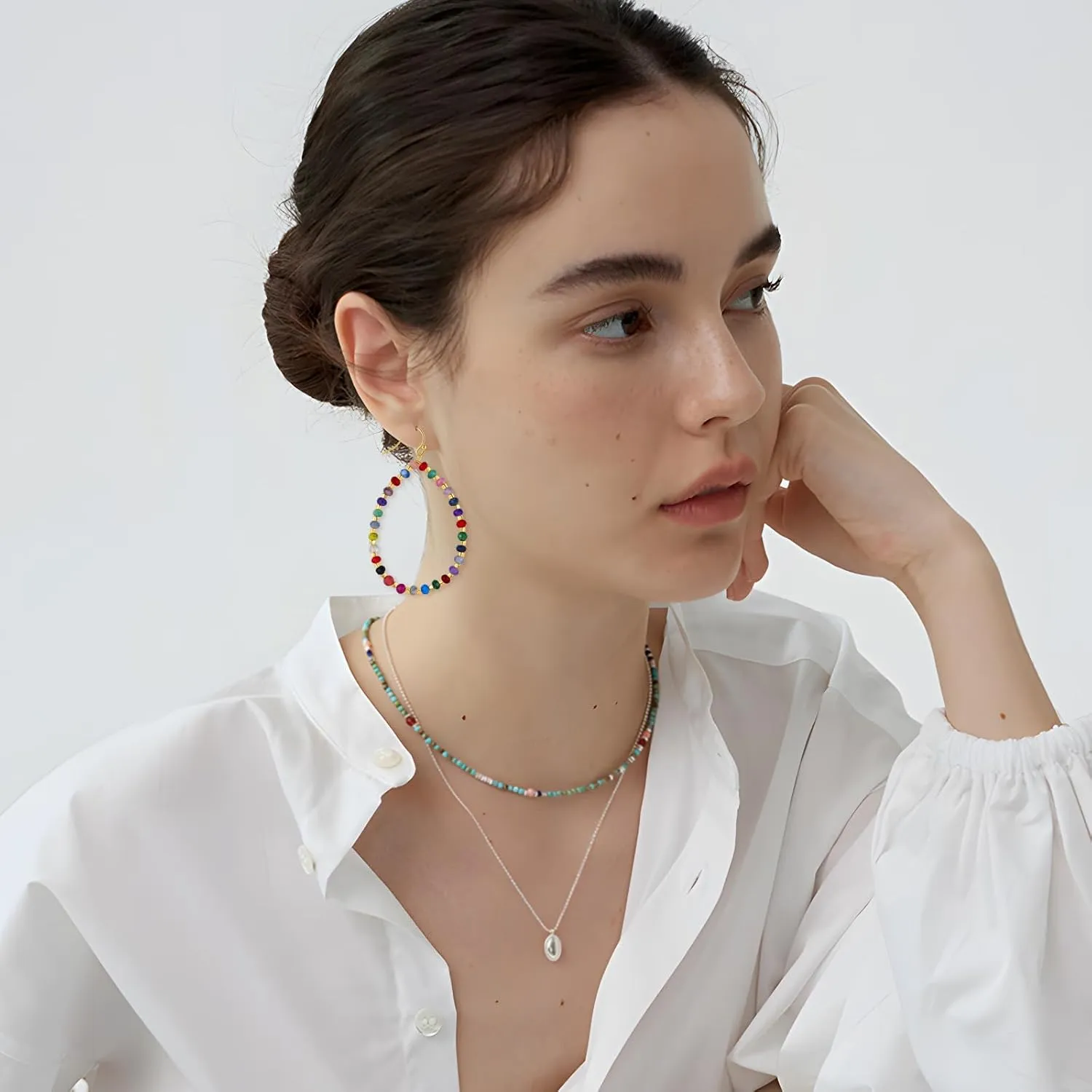 Beaded Hoop Dangle Earrings for Women Bohemian Multi Color Stone Beaded Earrings Colorful Handmade Round Boho Drop Earrings