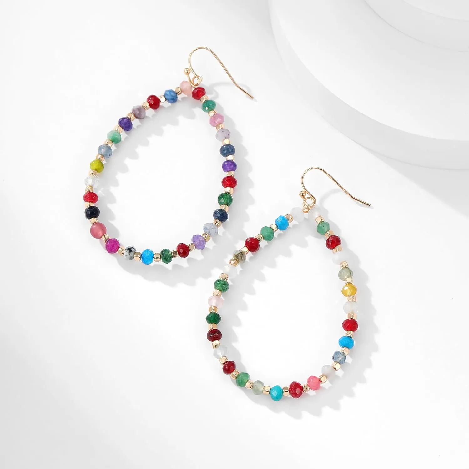 Beaded Hoop Dangle Earrings for Women Bohemian Multi Color Stone Beaded Earrings Colorful Handmade Round Boho Drop Earrings