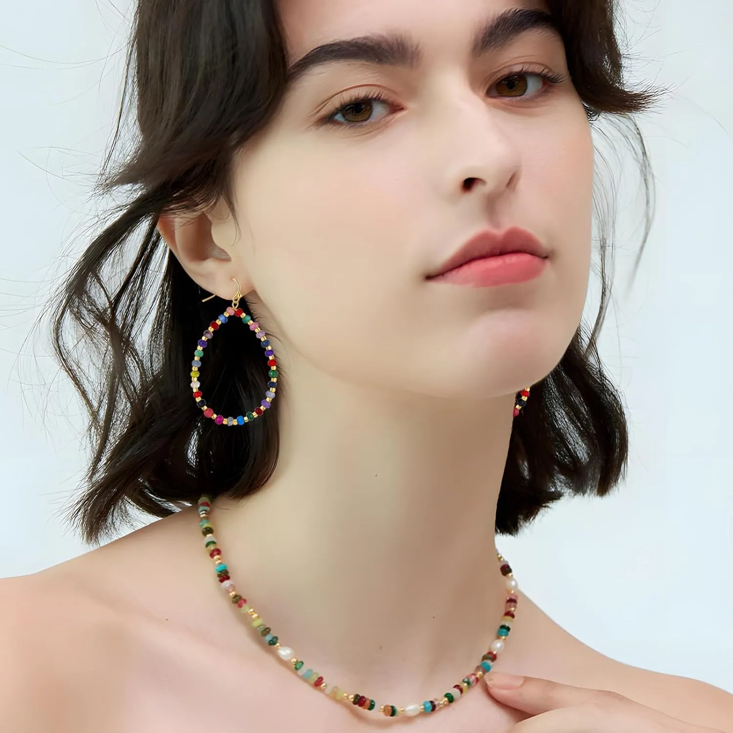 Beaded Hoop Dangle Earrings for Women Bohemian Multi Color Stone Beaded Earrings Colorful Handmade Round Boho Drop Earrings