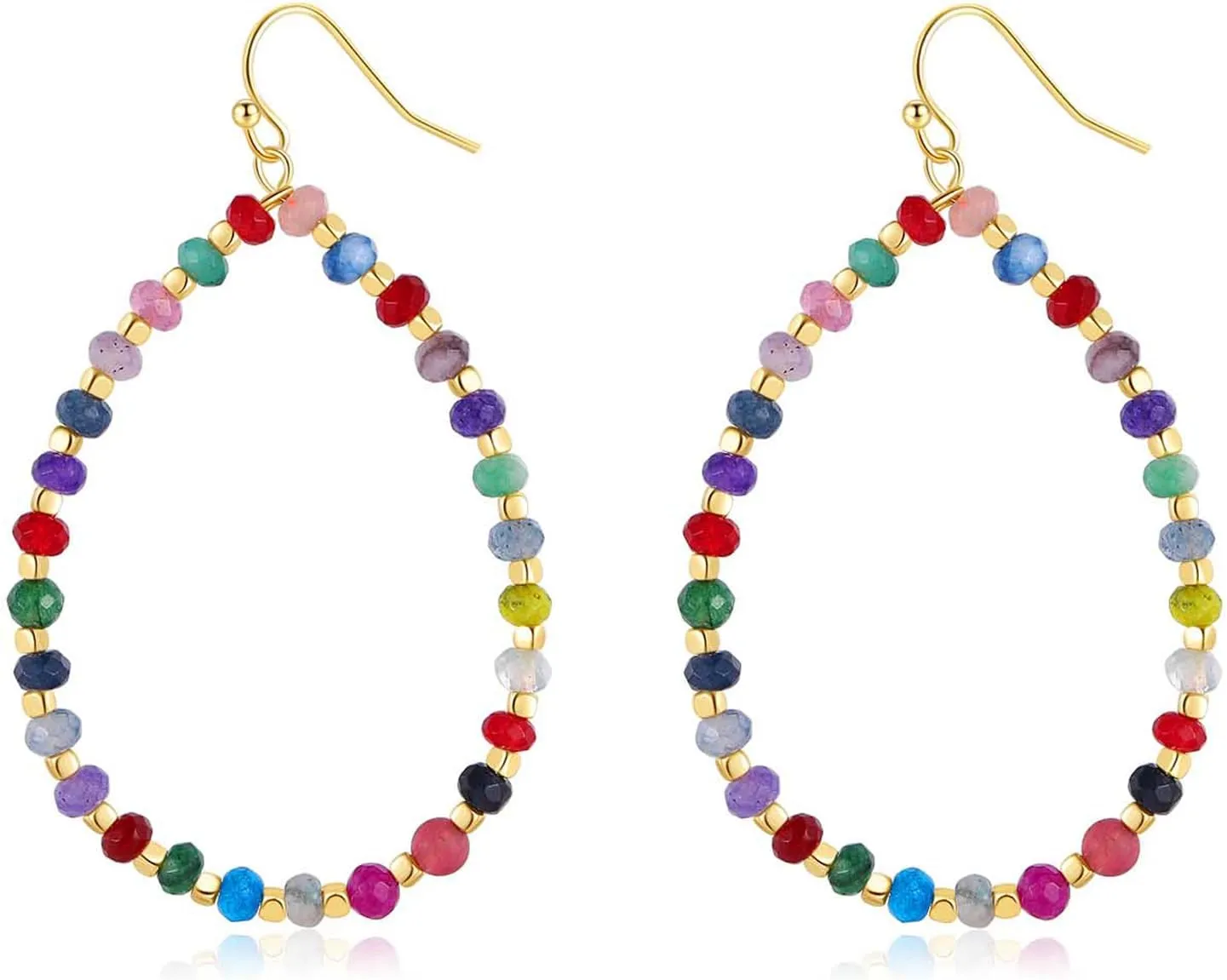Beaded Hoop Dangle Earrings for Women Bohemian Multi Color Stone Beaded Earrings Colorful Handmade Round Boho Drop Earrings