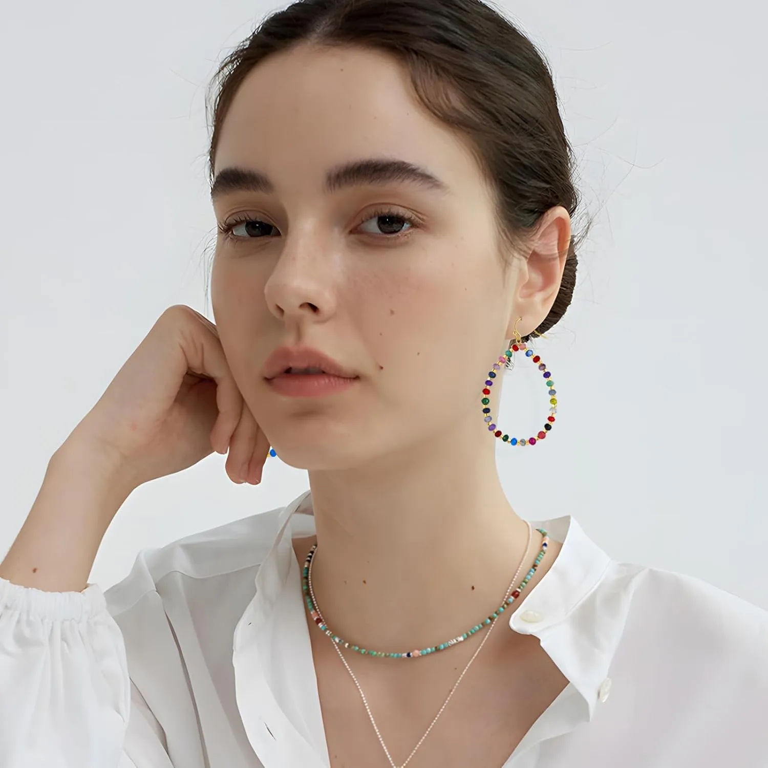 Beaded Hoop Dangle Earrings for Women Bohemian Multi Color Stone Beaded Earrings Colorful Handmade Round Boho Drop Earrings