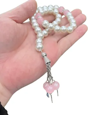 Beads Bracelet Elegant Beaded Bracelet Rosary Bracelets Unique Beads Bracelet Prayer Beads Wristband Imitation Pearl Material for Woman, 33 pieces 10mm, Light Pink