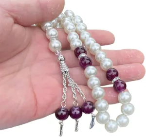 Beads Bracelet Elegant Beaded Bracelet Rosary Bracelets Unique Beads Bracelet Prayer Beads Wristband Imitation Pearl Material for Woman, 33 pieces 10mm, Purple