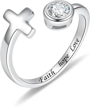 BEILIN Faith Purity Love Rings for Women 925 Sterling Silver Cross Ring Cubic Zirconia Adjustable Promise Ring Christian Inspirational Jewelry Gifts