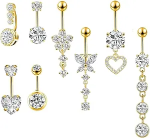 Belly Button Ring Dangle Surgical Stainless Steel Belly Button Piercing Cute Navel Ring Piercing Jewelry Clicker Belly 14G for Women 8PCS
