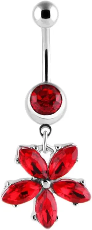 Belly Rings Jewels, Bellybuttons Rings Surgical Steel Navel Ring Stainless Steel Red Flower with Cubic Zirconia Body Piercing