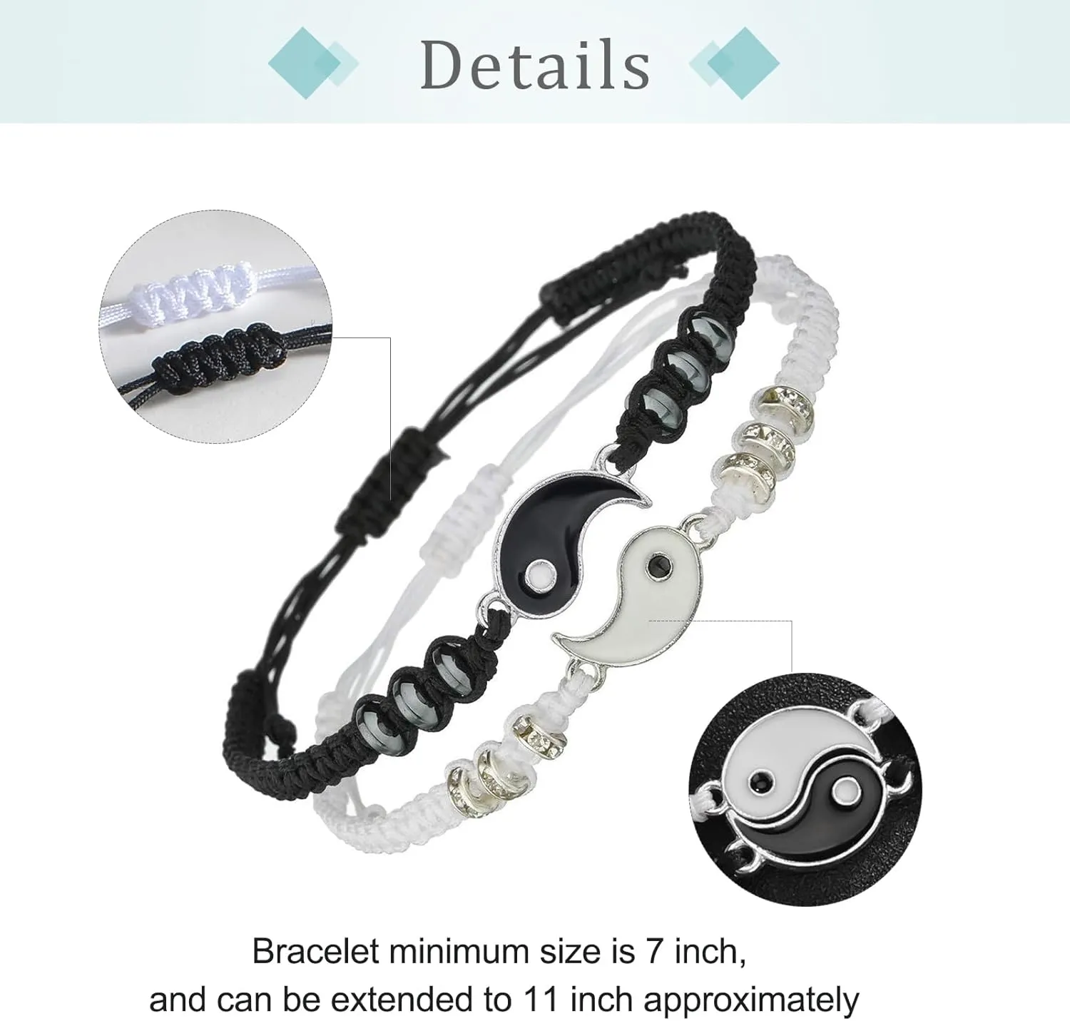 Best Friend Bracelets for 2 Matching Yin Yang Adjustable Cord Bracelet for Bff Friendship Relationship Boyfriend Girlfriend Valentines Gift