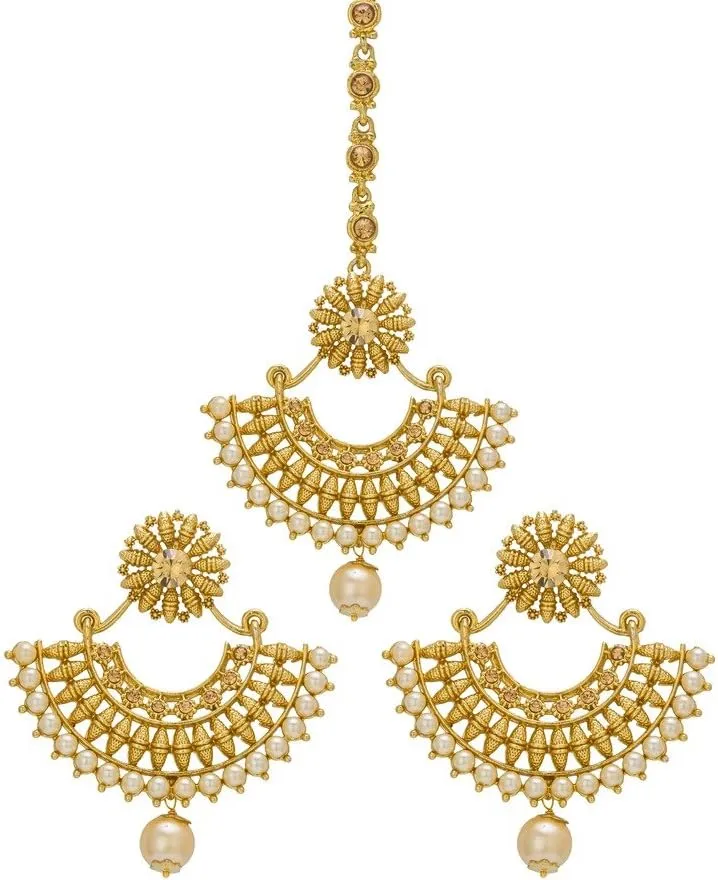 Bindhani Faux Pearl Drop Half Moon Shaped Head Piece Maang Tikka With Indian Earrings For Women