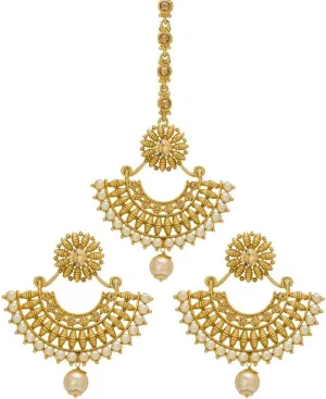 Bindhani Faux Pearl Drop Half Moon Shaped Head Piece Maang Tikka With Indian Earrings For Women