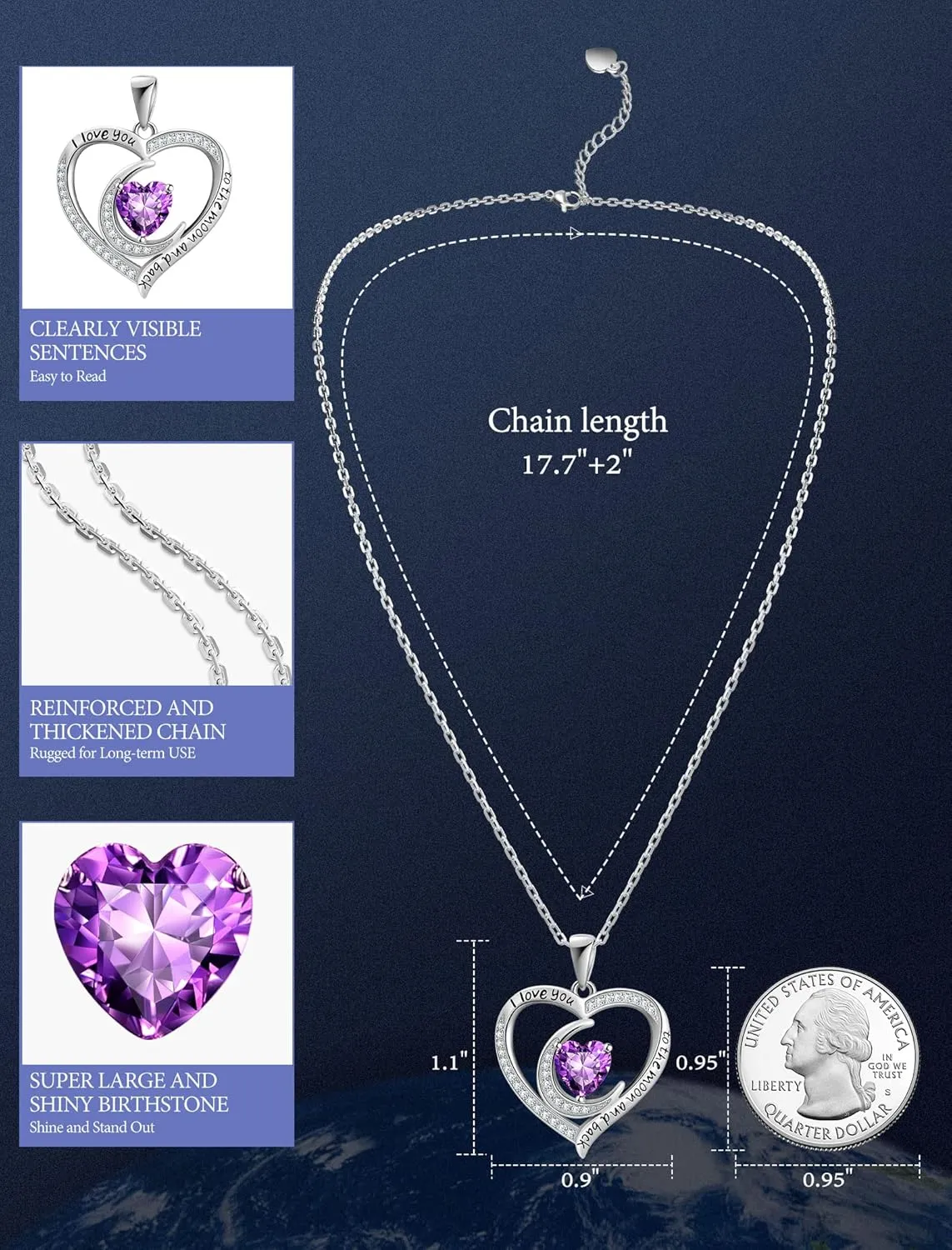 Birthstone Necklaces for Women, 925 Sterling Silver Dainty Moon Heart Pendant Necklace Anniversary Birthday Christmas Gifts for Women Wife Mom Lady, Chain Length 17.7" 2" Extender