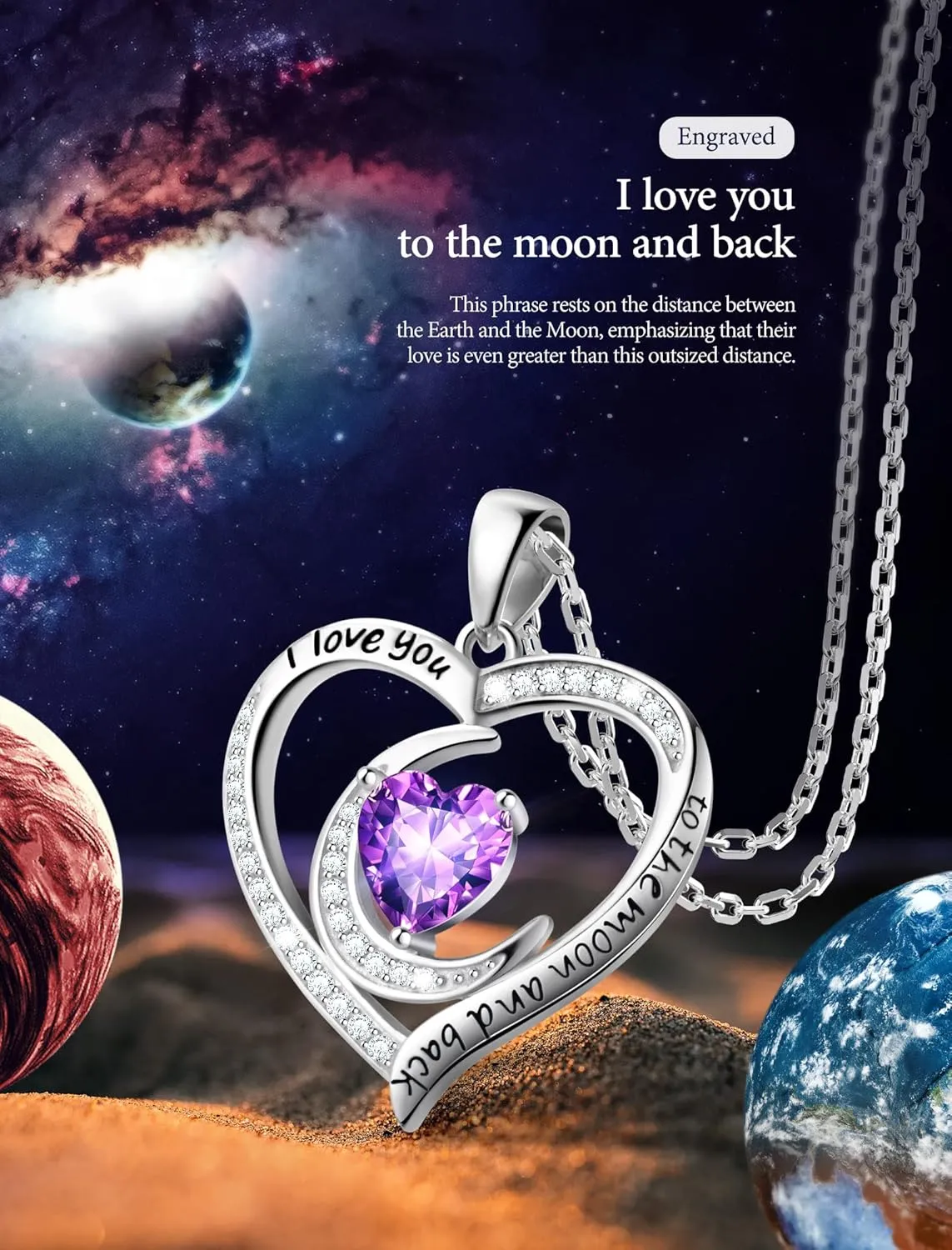 Birthstone Necklaces for Women, 925 Sterling Silver Dainty Moon Heart Pendant Necklace Anniversary Birthday Christmas Gifts for Women Wife Mom Lady, Chain Length 17.7" 2" Extender