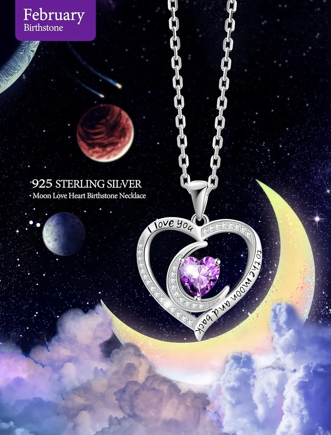 Birthstone Necklaces for Women, 925 Sterling Silver Dainty Moon Heart Pendant Necklace Anniversary Birthday Christmas Gifts for Women Wife Mom Lady, Chain Length 17.7" 2" Extender