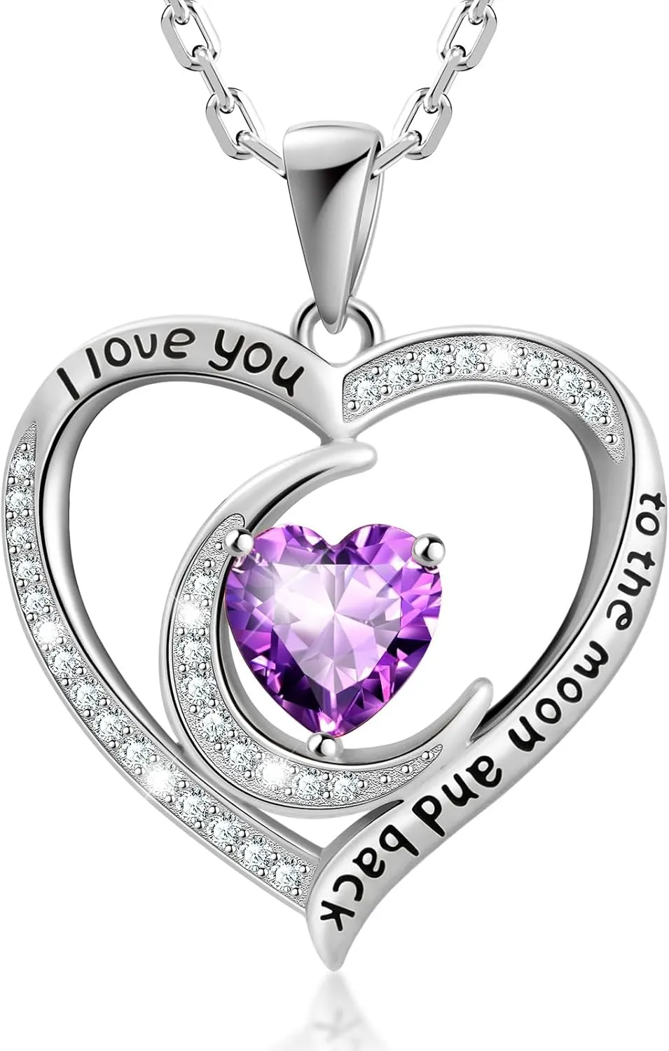 Birthstone Necklaces for Women, 925 Sterling Silver Dainty Moon Heart Pendant Necklace Anniversary Birthday Christmas Gifts for Women Wife Mom Lady, Chain Length 17.7" 2" Extender