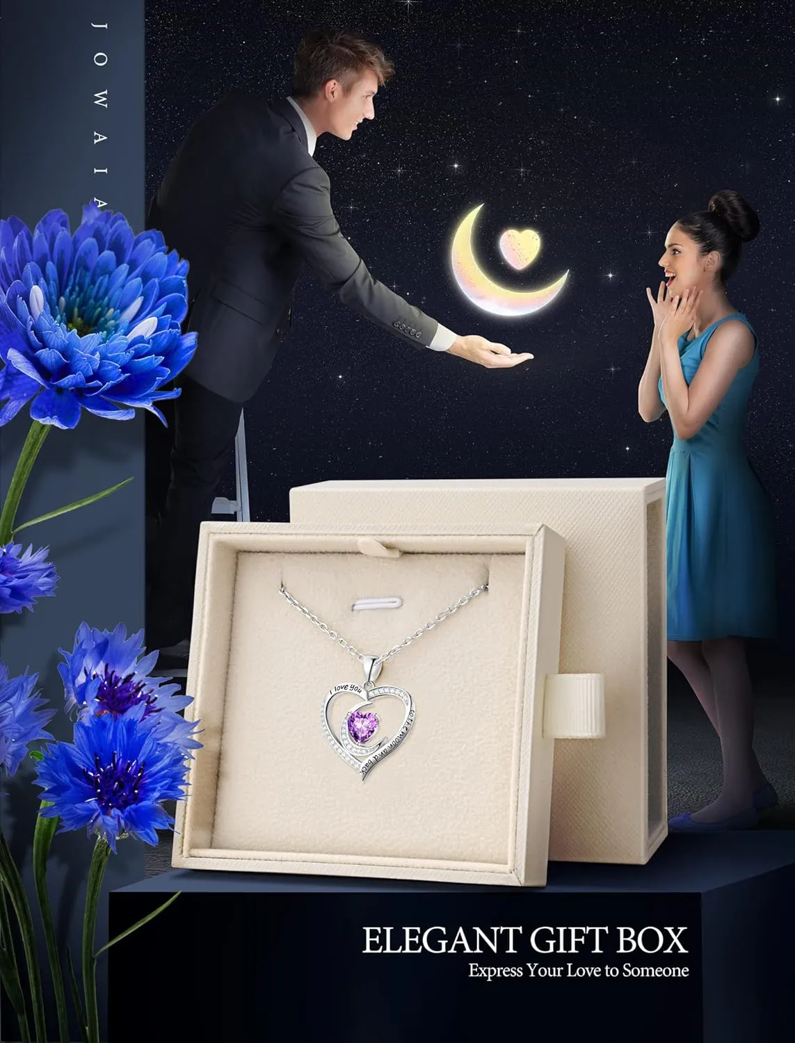 Birthstone Necklaces for Women, 925 Sterling Silver Dainty Moon Heart Pendant Necklace Anniversary Birthday Christmas Gifts for Women Wife Mom Lady, Chain Length 17.7" 2" Extender