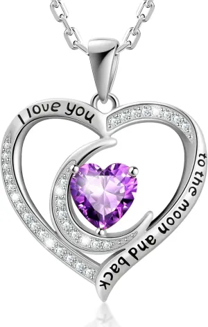 Birthstone Necklaces for Women, 925 Sterling Silver Dainty Moon Heart Pendant Necklace Anniversary Birthday Christmas Gifts for Women Wife Mom Lady, Chain Length 17.7" 2" Extender
