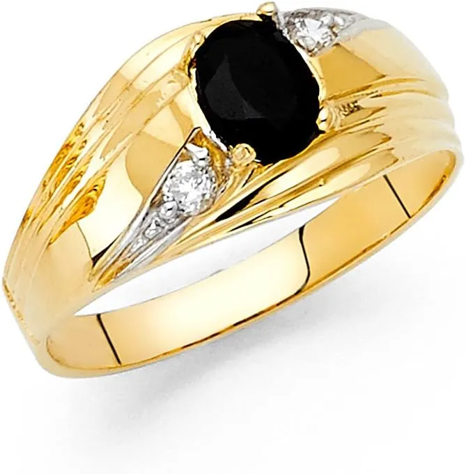 Black CZ Ring Mens Solid 14k Yellow Gold Band Oval Fashion Diamond Cut Stylish Polished Finish