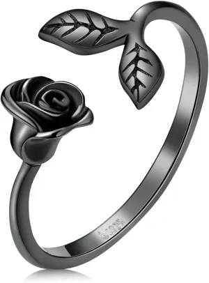 Black Rose Open Rings Aesthetic Heart Plane 925 Sterling Silver Adjustable Finger Ring Feaf Moon Star Black Dainty Band Rings Jewelry for Women Couple Gift