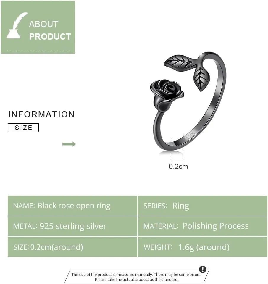 Black Rose Open Rings Aesthetic Heart Plane 925 Sterling Silver Adjustable Finger Ring Feaf Moon Star Black Dainty Band Rings Jewelry for Women Couple Gift
