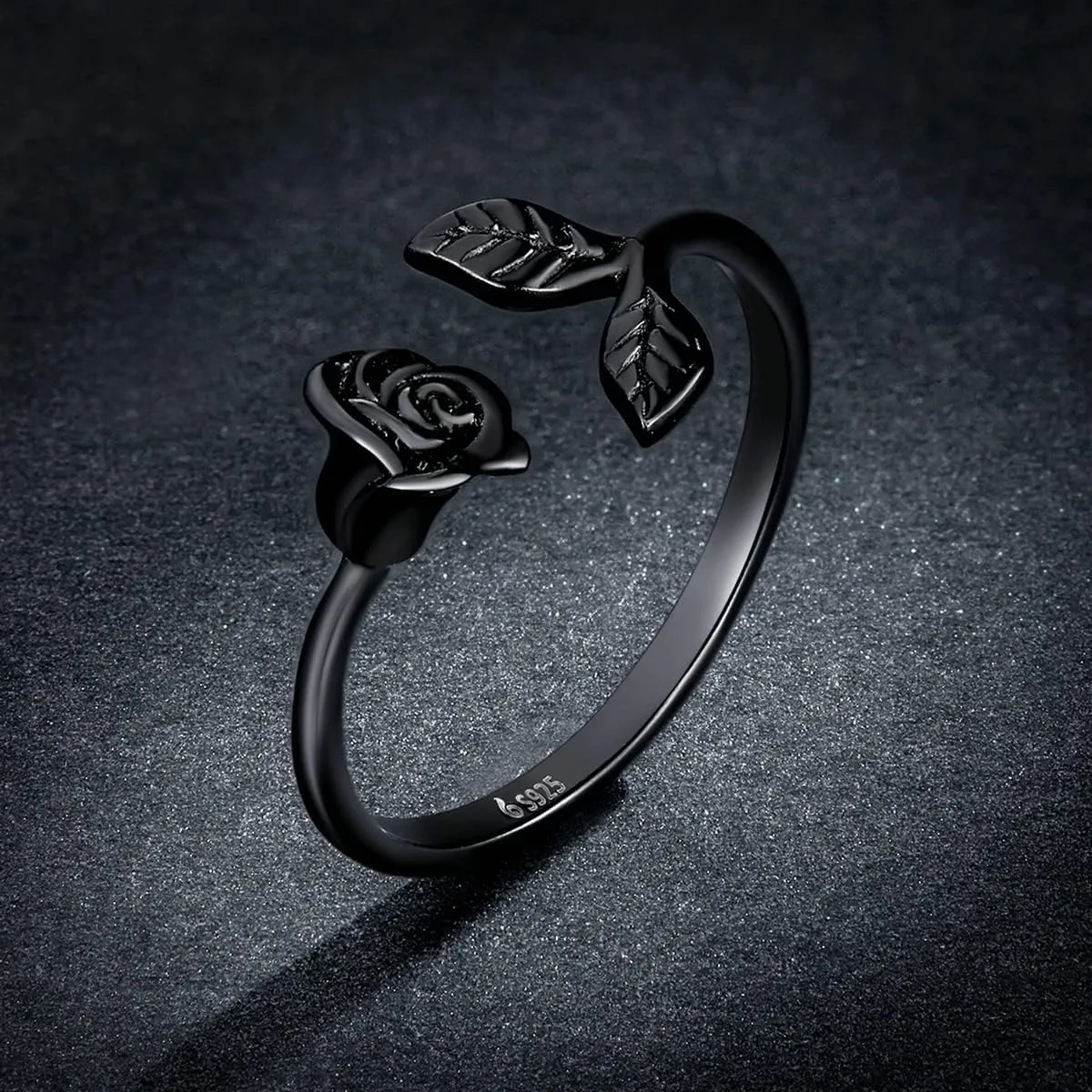 Black Rose Open Rings Aesthetic Heart Plane 925 Sterling Silver Adjustable Finger Ring Feaf Moon Star Black Dainty Band Rings Jewelry for Women Couple Gift