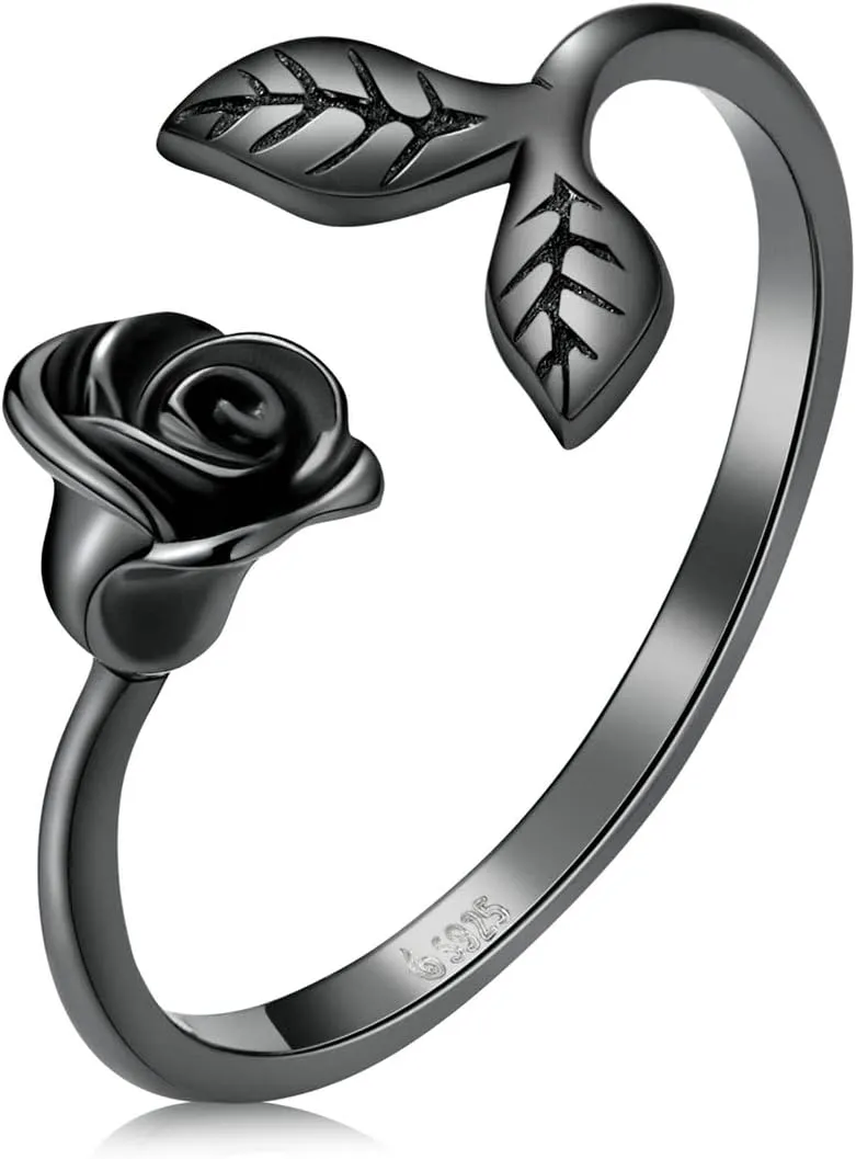 Black Rose Open Rings Aesthetic Heart Plane 925 Sterling Silver Adjustable Finger Ring Feaf Moon Star Black Dainty Band Rings Jewelry for Women Couple Gift