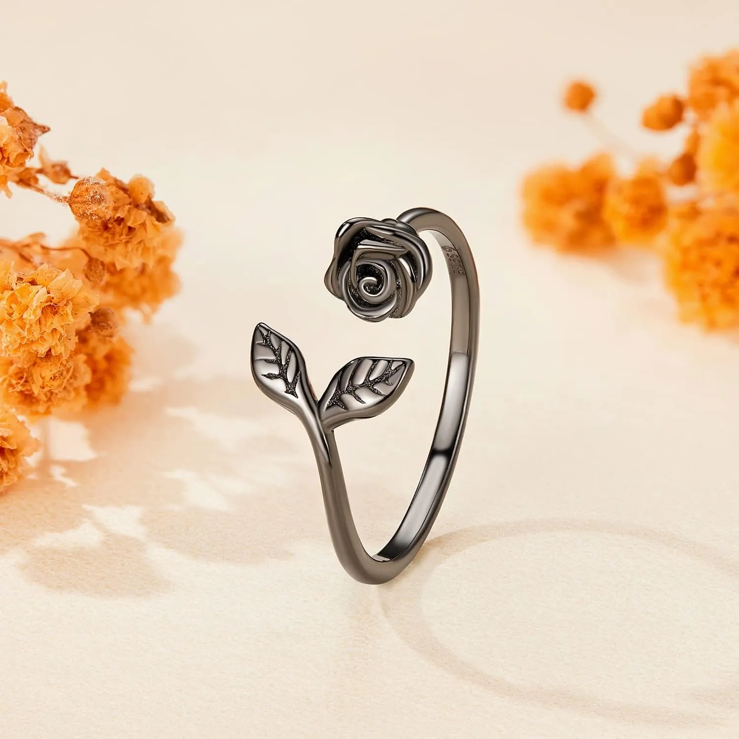 Black Rose Open Rings Aesthetic Heart Plane 925 Sterling Silver Adjustable Finger Ring Feaf Moon Star Black Dainty Band Rings Jewelry for Women Couple Gift