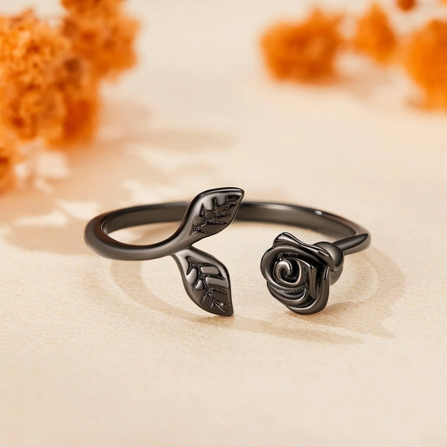 Black Rose Open Rings Aesthetic Heart Plane 925 Sterling Silver Adjustable Finger Ring Feaf Moon Star Black Dainty Band Rings Jewelry for Women Couple Gift