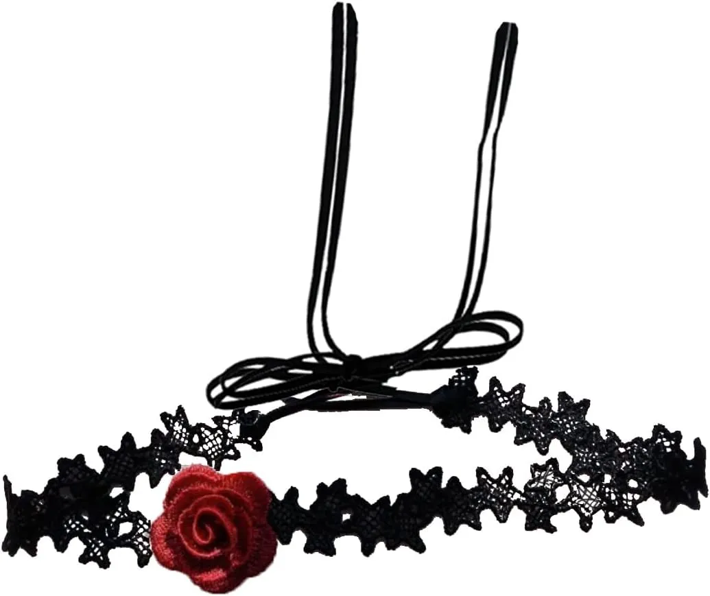 Black Silk Choker Necklace for Women Girls Red Rose Flower Tattoo Necklaces Retro Lolita Jewelry Gifts Cosplay Party