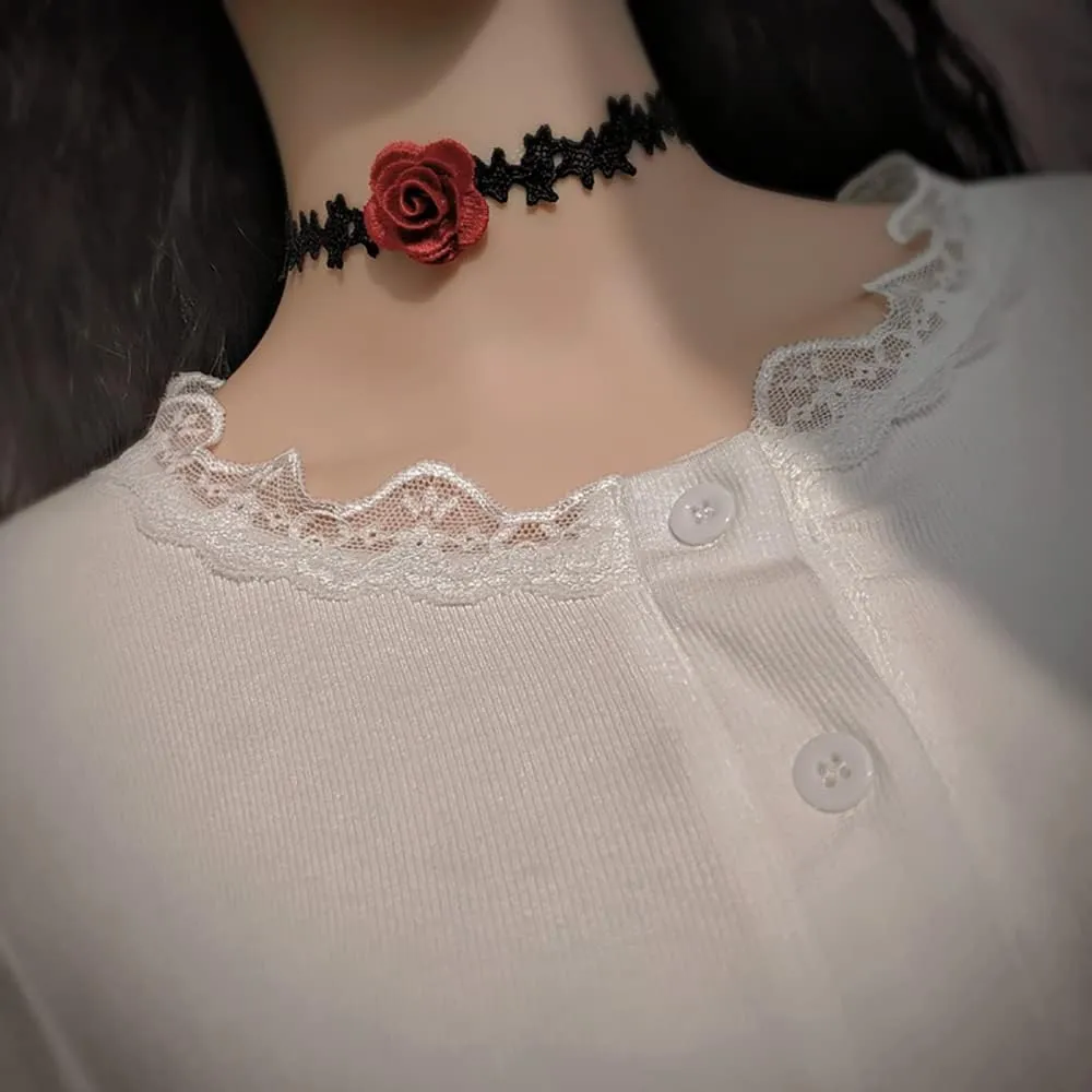 Black Silk Choker Necklace for Women Girls Red Rose Flower Tattoo Necklaces Retro Lolita Jewelry Gifts Cosplay Party