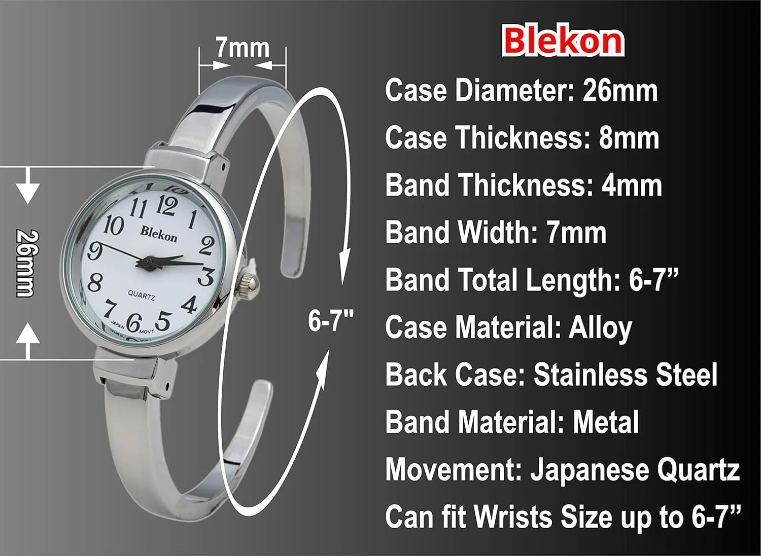 Blekon Collections Quartz Womens 26mm Delicate Metal Cuff Bangle Watch