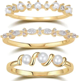 BLOSSOM & HUE Pearl & Cubic Zirconia Stacking Rings | Set of 3 | Mini Pearl Crystal Stacking Ring Bundle | Half Eternity Stackable Minimalist Delicate Dainty Bridal