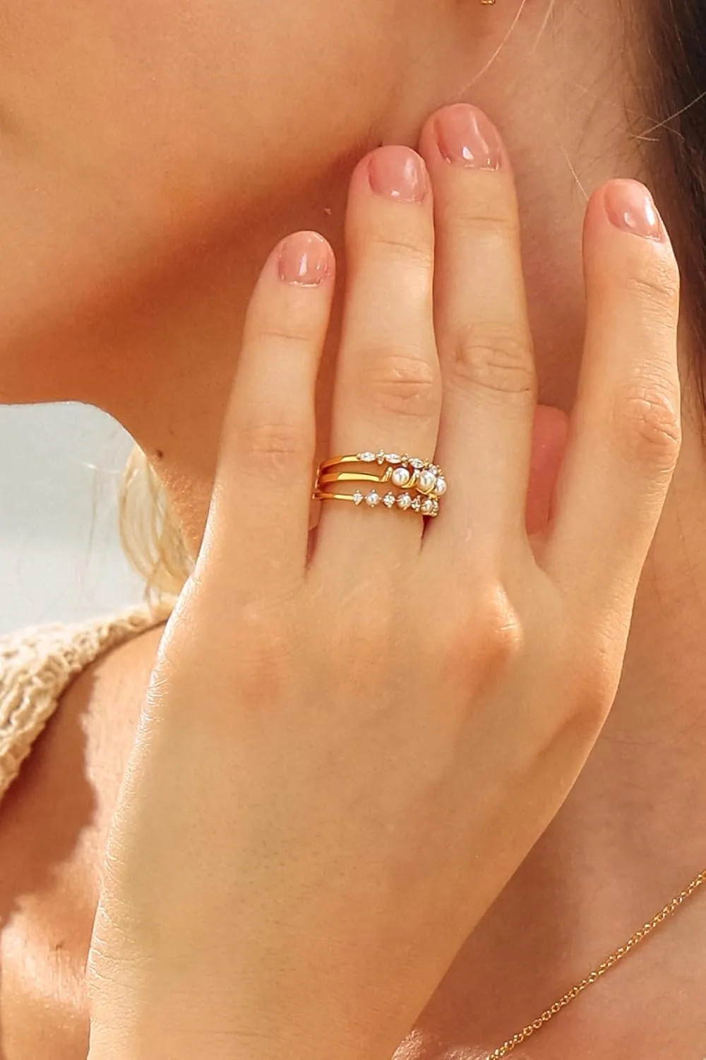 BLOSSOM & HUE Pearl & Cubic Zirconia Stacking Rings | Set of 3 | Mini Pearl Crystal Stacking Ring Bundle | Half Eternity Stackable Minimalist Delicate Dainty Bridal