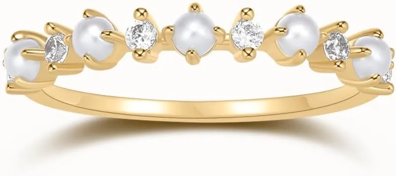 BLOSSOM & HUE Pearl & Cubic Zirconia Stacking Rings | Set of 3 | Mini Pearl Crystal Stacking Ring Bundle | Half Eternity Stackable Minimalist Delicate Dainty Bridal
