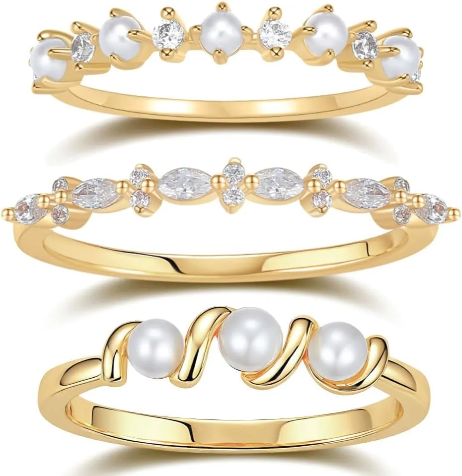 BLOSSOM & HUE Pearl & Cubic Zirconia Stacking Rings | Set of 3 | Mini Pearl Crystal Stacking Ring Bundle | Half Eternity Stackable Minimalist Delicate Dainty Bridal
