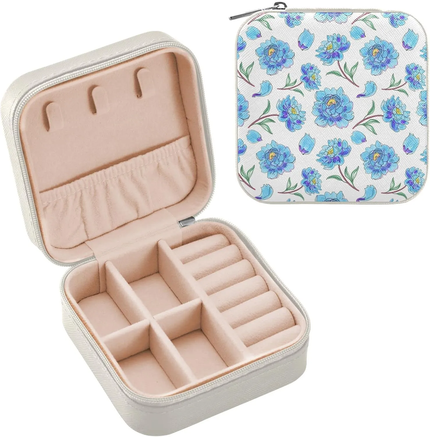 Blue Flowers White Travel Jewelry Case Jewelry Box Organizer for Women Girls Man Small Mini Portable Jewelry Storage Box for Earring Ring Necklace