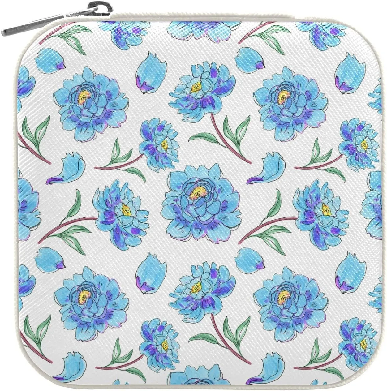 Blue Flowers White Travel Jewelry Case Jewelry Box Organizer for Women Girls Man Small Mini Portable Jewelry Storage Box for Earring Ring Necklace
