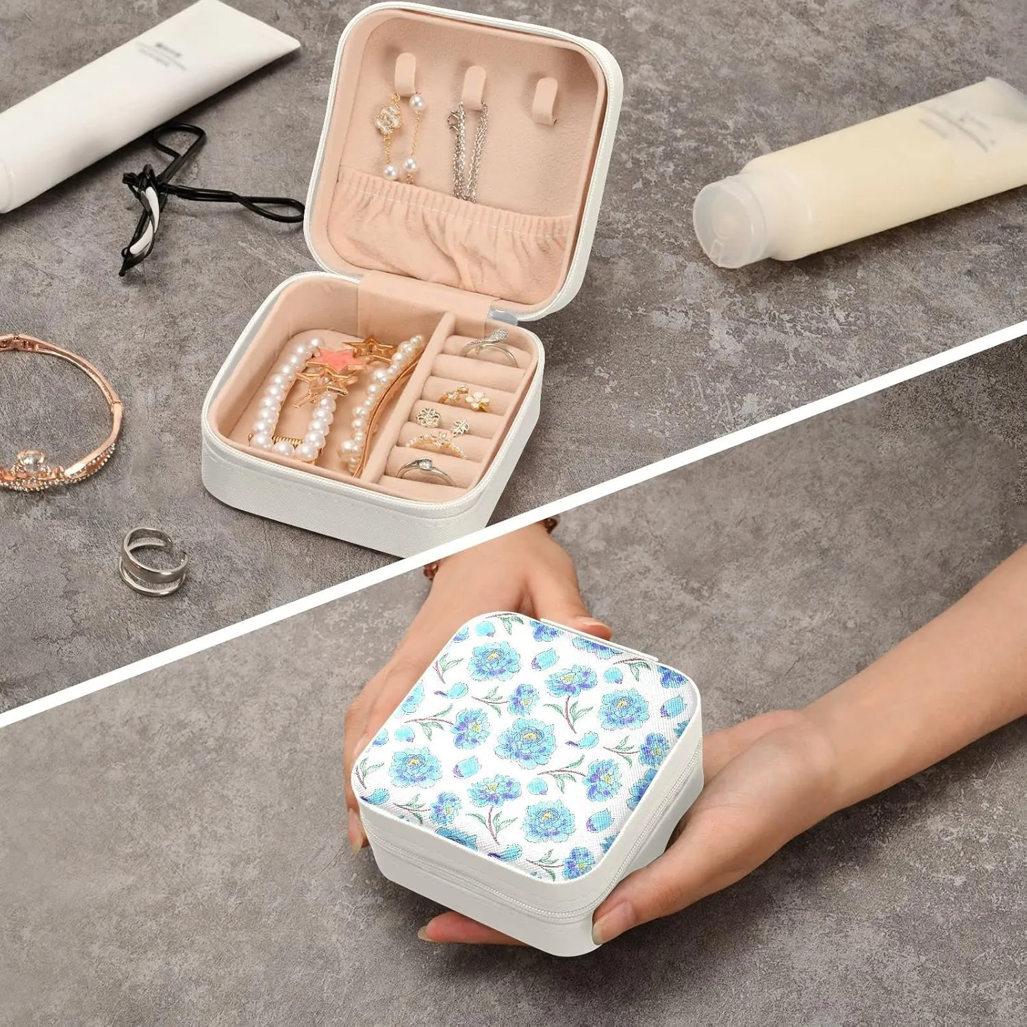 Blue Flowers White Travel Jewelry Case Jewelry Box Organizer for Women Girls Man Small Mini Portable Jewelry Storage Box for Earring Ring Necklace