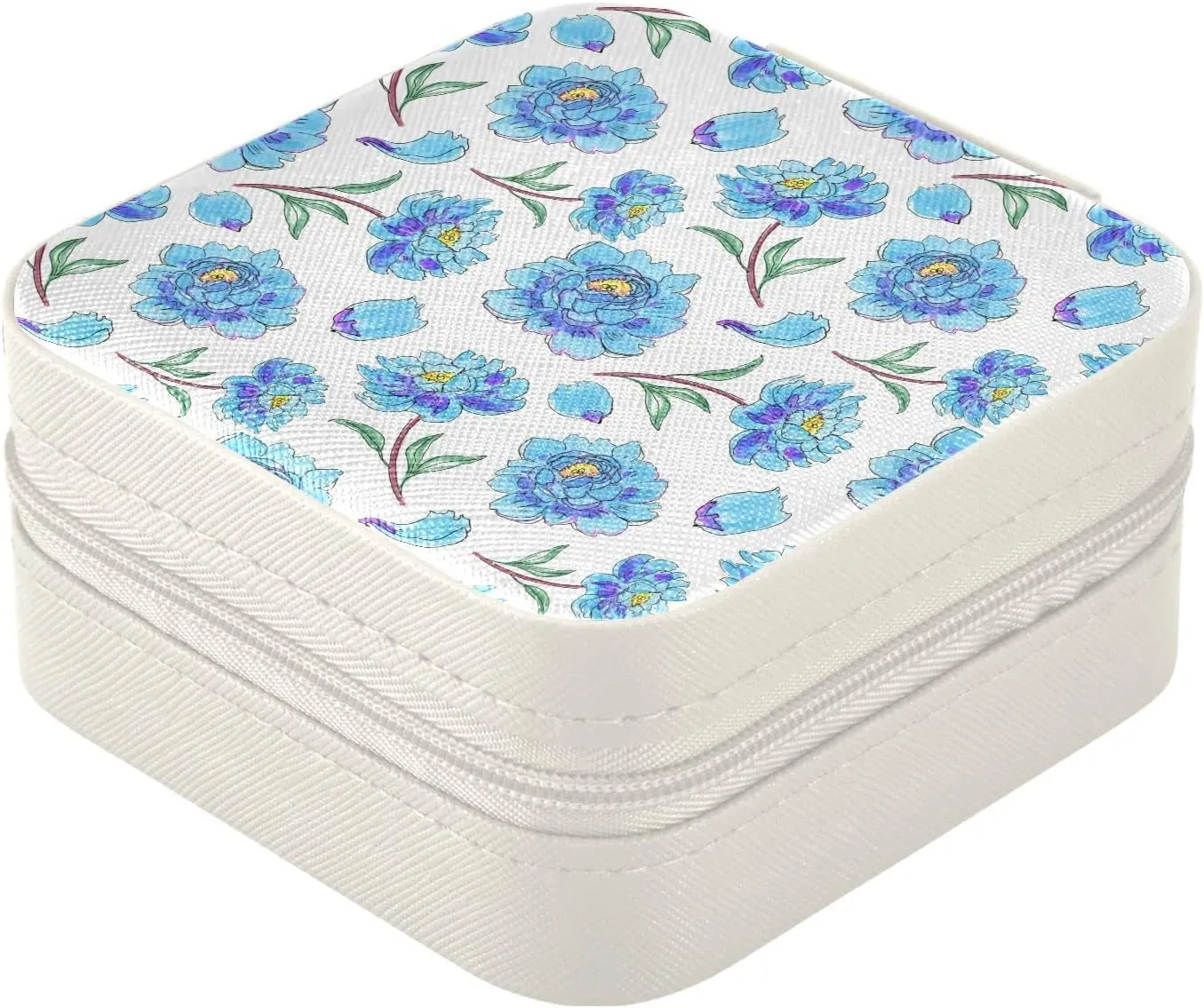 Blue Flowers White Travel Jewelry Case Jewelry Box Organizer for Women Girls Man Small Mini Portable Jewelry Storage Box for Earring Ring Necklace